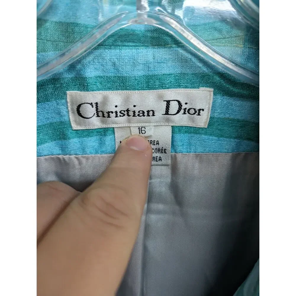 Vintage Christian Dior Women's Silk Jacket Teal Blue Striped 100% Silk Size 16